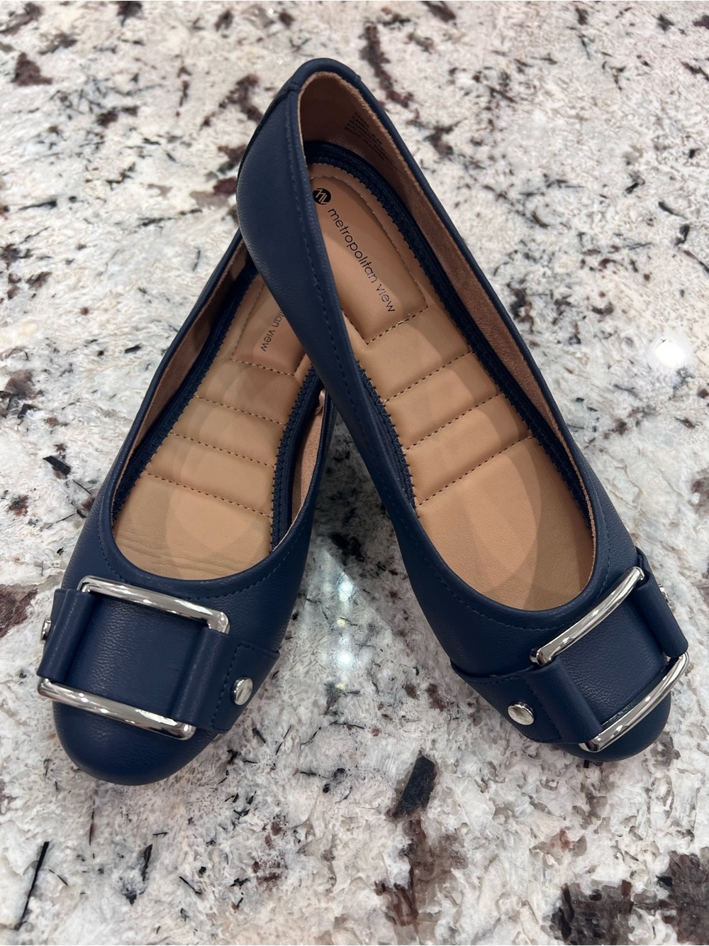 Metro Collection Navy Espadrille-Inspired Ballet Flats with Silver Buckle